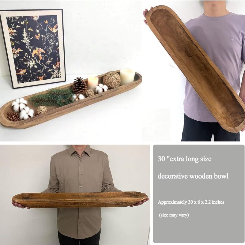 BEDAZE Wooden Dough Bowls Decorative，Rustic Bread Long Bowls Decor Wood Tray, Hand Carved for Table Centerpiece Decor, Home Decor(30 * 6 * 2 inch Brown) - Image 4